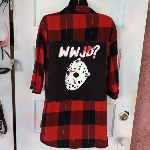 Custom Fri 13th Jason meme femme 3/4 sleeve flannel! Ooak! What would Jason do - Picture 3 of 4